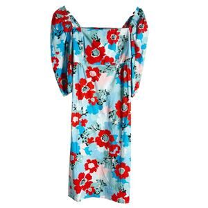 Tuckernuck Floral Amaryllis Red Blue Poppy Print Cotton Midi Dress Puff Sleeve S